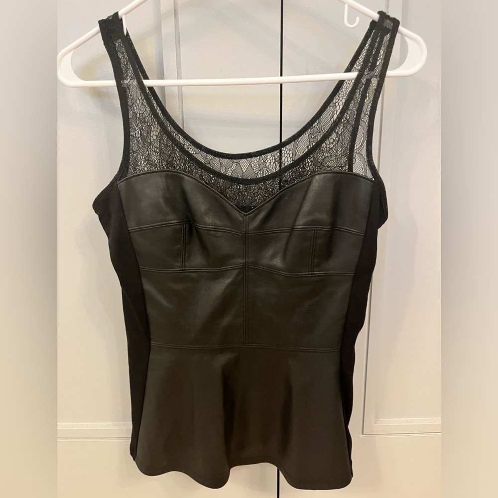 BCBGMAXAZRIA Faux leather and lace top